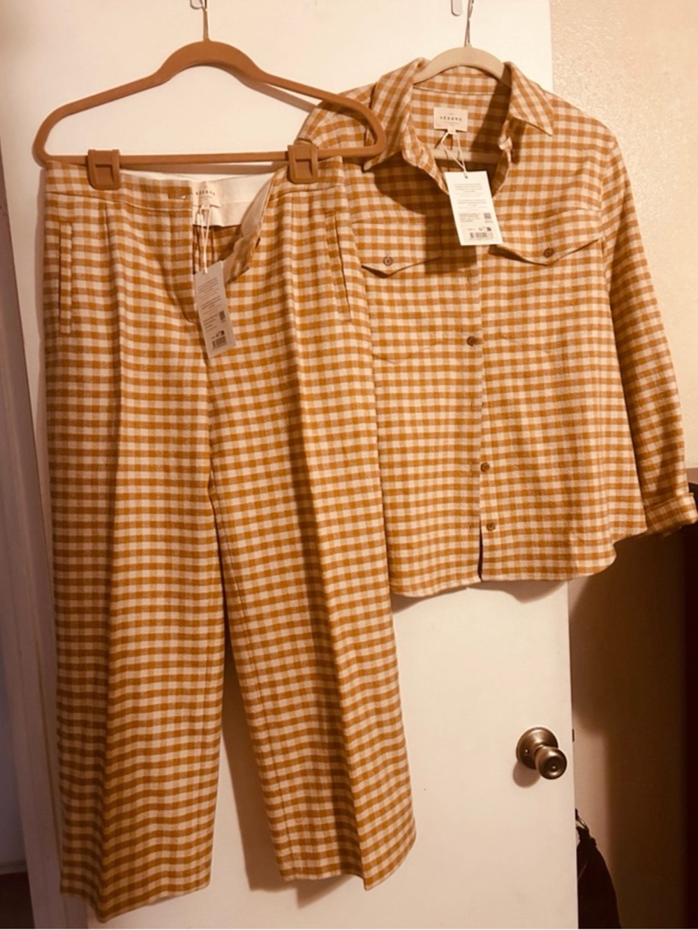 Sézane Mustard Plaid Button-Up Jacket & Wide Leg Pant Set